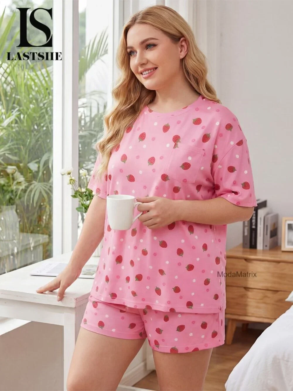 Plus Size 2 Piece Pajama Set with Pockets Short Sleeve Lounge Set